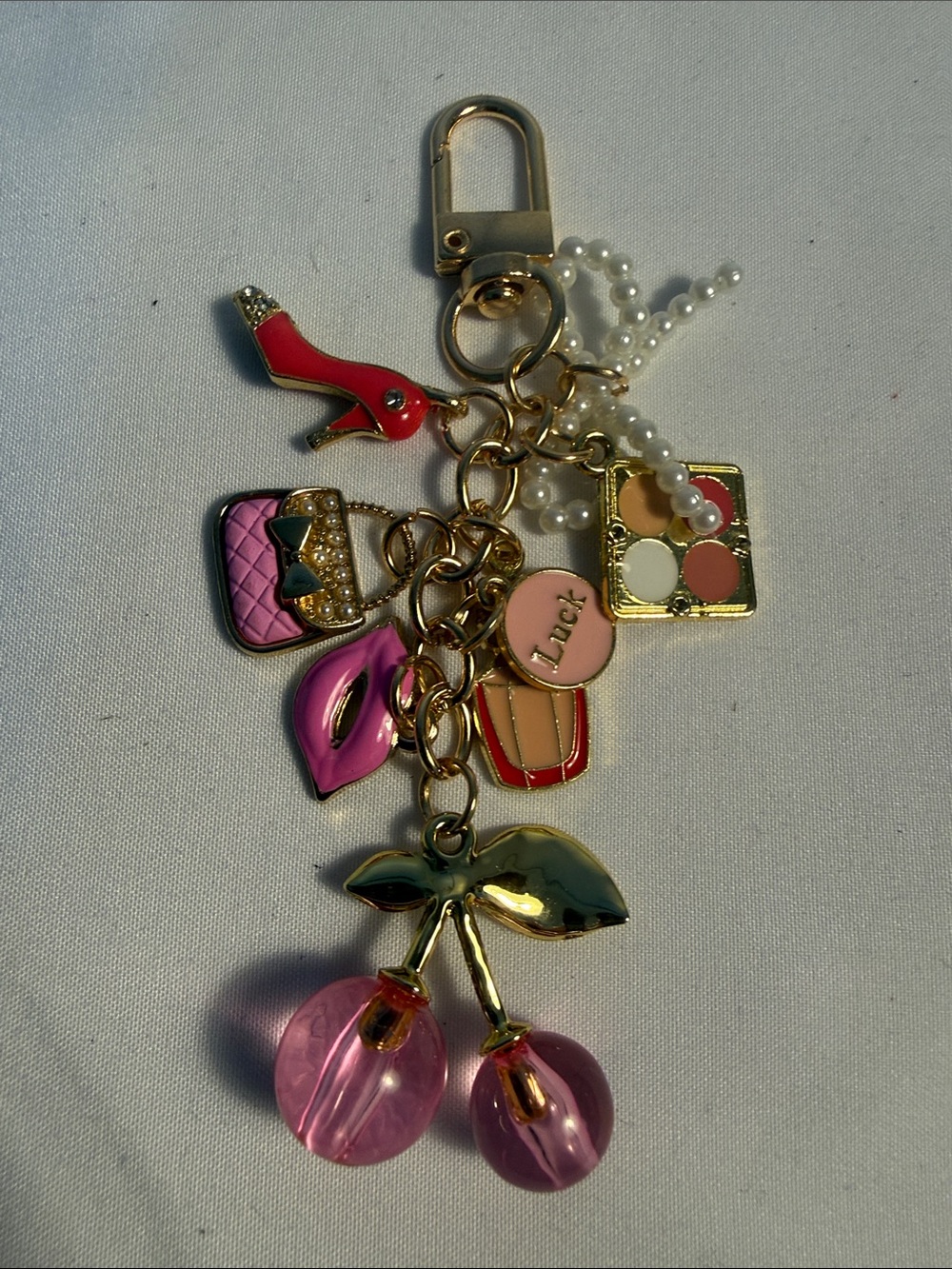 Gold-Tone Pink Cherry & Charm Keychain Card Holder Accessory